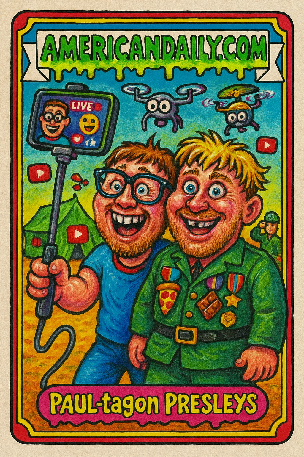 Grotesque parody of Paul Brothers as military influencers at a chaotic camp with huge props and mismatched uniforms.