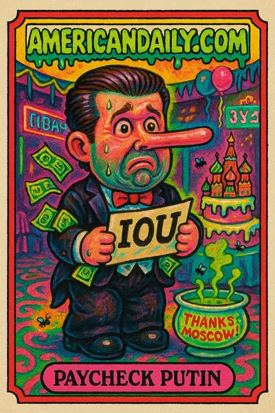 A satirical Garbage Pail Kids-style card of Donald Trump Jr. with a grotesquely elongated nose, ruble-stuffed tux, and a large IOU note in a collapsing ballroom scene.