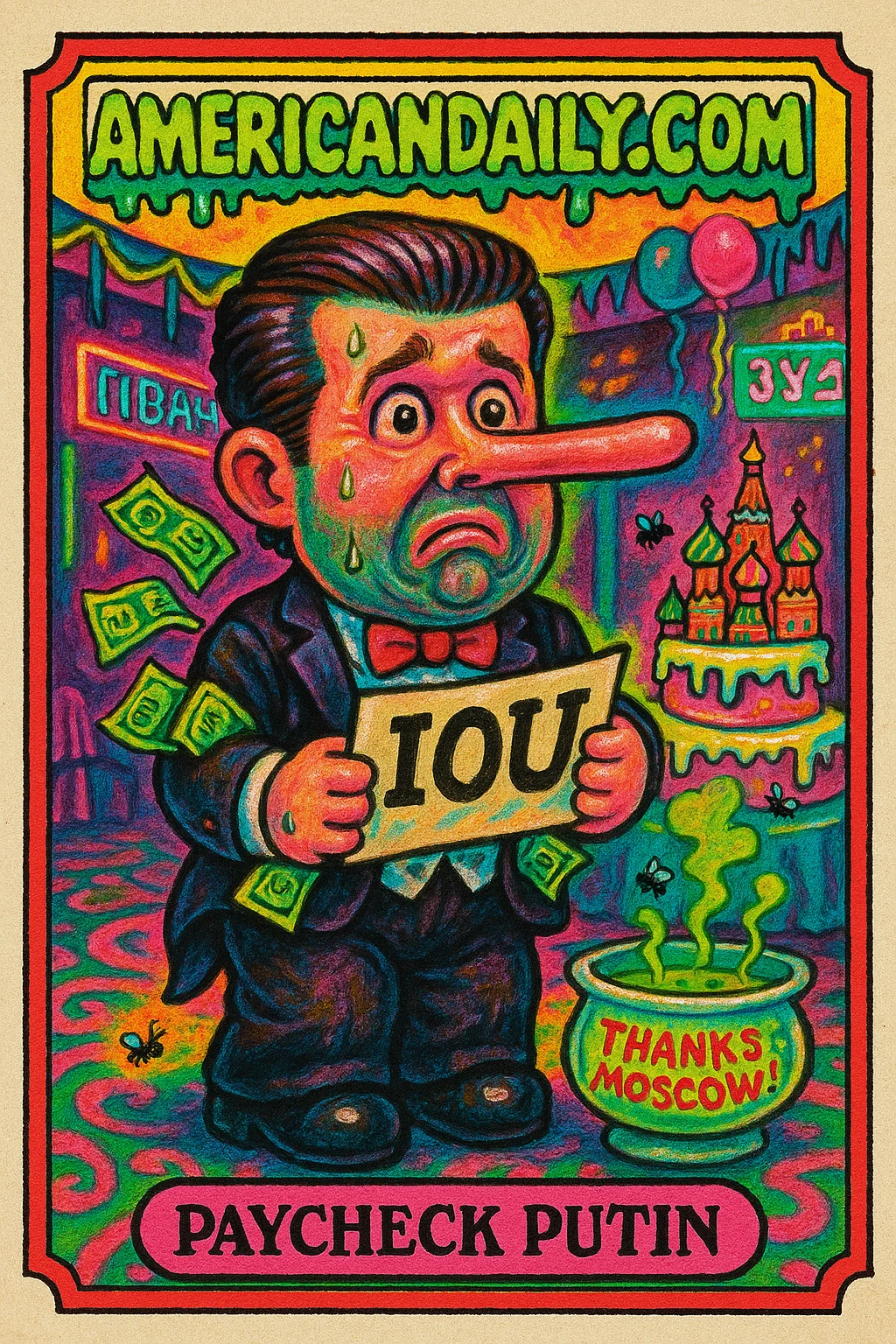 A satirical Garbage Pail Kids-style card of Donald Trump Jr. with a grotesquely elongated nose, ruble-stuffed tux, and a large IOU note in a collapsing ballroom scene.