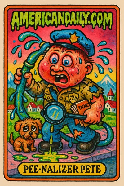 A comically grotesque dog walker with bulging eyes and a massive water hose inspects dog pee in a quaint Swiss town setting.