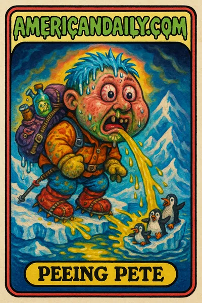 A satirical trading card of 'Peeing Pete', a grotesque climber with urine melting an Everest glacier, surrounded by chaotic storm clouds and penguins.