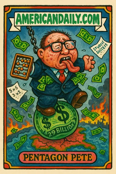 A grotesque Pentagon official precariously balances atop a dollar-bill wrecking ball, with cash erupting from his clothes and math papers swirling in chaos.