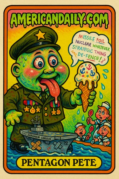 A Garbage Pail Kids-style card showing Pentagon Pete, a grotesque character in a messy military uniform, holding a melting ice cream cone on a decrepit cartoon ship.