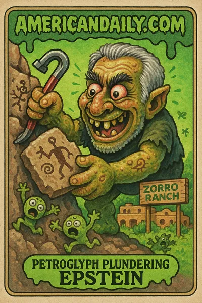 A grotesque cartoon of Jeffrey Epstein as a troll, prying petroglyphs with tiny creatures trying to stop him.