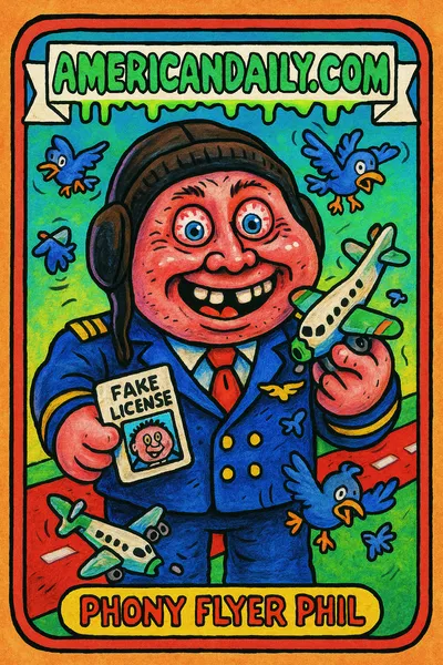 A garish cartoon of Phony Flyer Phil, a fake pilot with exaggerated grotesque features, holding a broken toy airplane and a fake license.