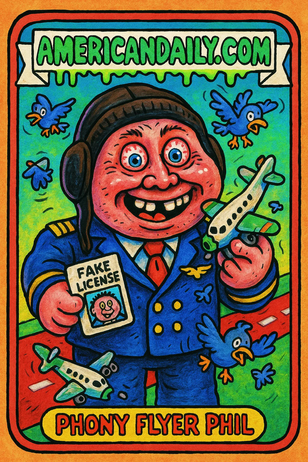 A garish cartoon of Phony Flyer Phil, a fake pilot with exaggerated grotesque features, holding a broken toy airplane and a fake license.