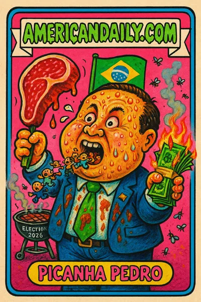Grotesque caricature of a Brazilian politician with an oversized picanha steak, sweating, stained with juices, holding smoldering money, buzzing flies, Brazilian flag and grill in the background.