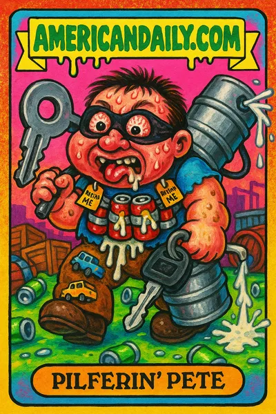 A grotesque cartoon character 'Pilferin' Pete' with a massive head, beer cans strapped across his body, holding an oversized truck key in a chaotic brewery scene.