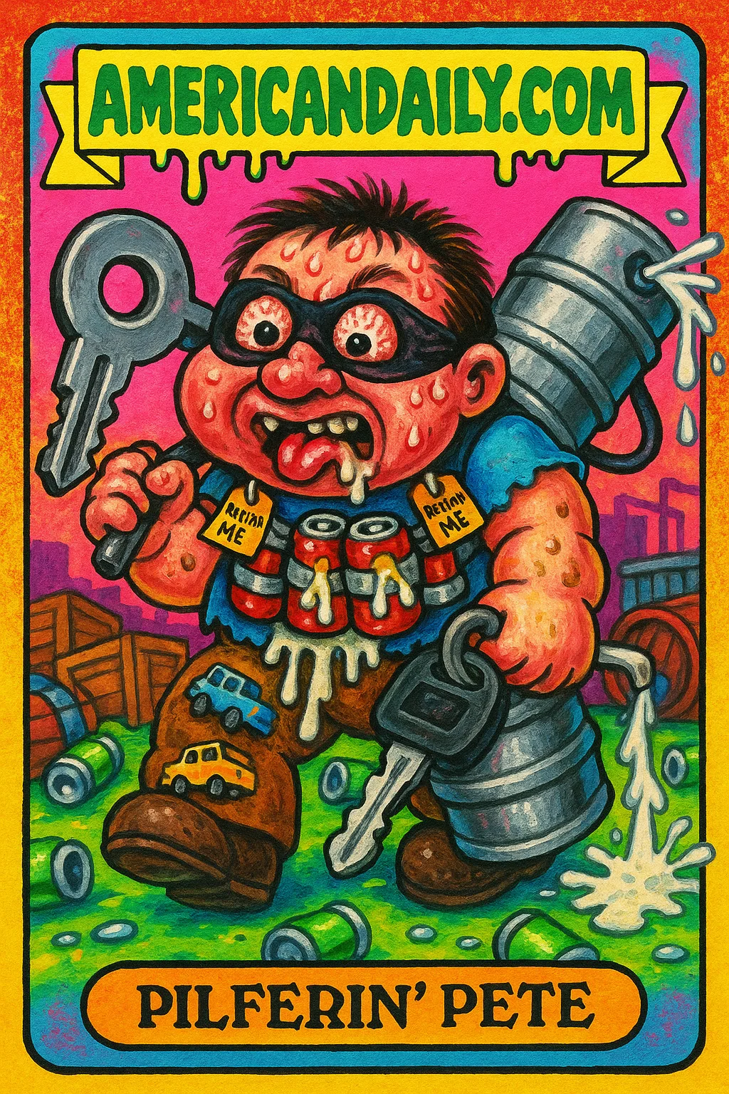 A grotesque cartoon character 'Pilferin' Pete' with a massive head, beer cans strapped across his body, holding an oversized truck key in a chaotic brewery scene.