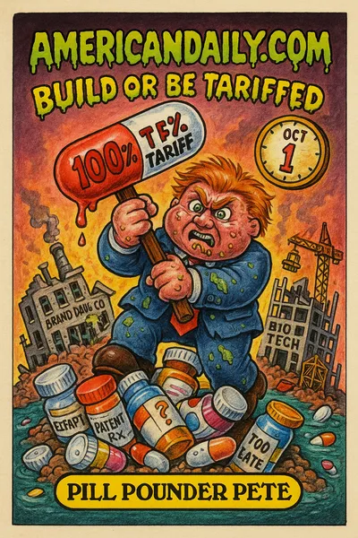 Cartoon of a monstrous "Tariff Tyrant" holding a giant pill hammer labeled "100% Tariff," standing above collapsing foreign drug factories and scrambling U.S. construction sites, with pill bottles sliding off cliffs, banner "BUILD OR BE TARIFFED," and countdown clock to Oct 1.