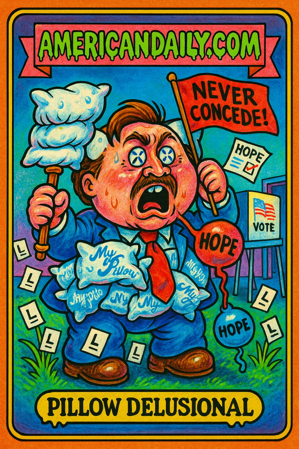 Grotesque cartoon of Mike Lindell with a pillow-shaped head, refusing to concede, surrounded by ballots and MyPillow products.