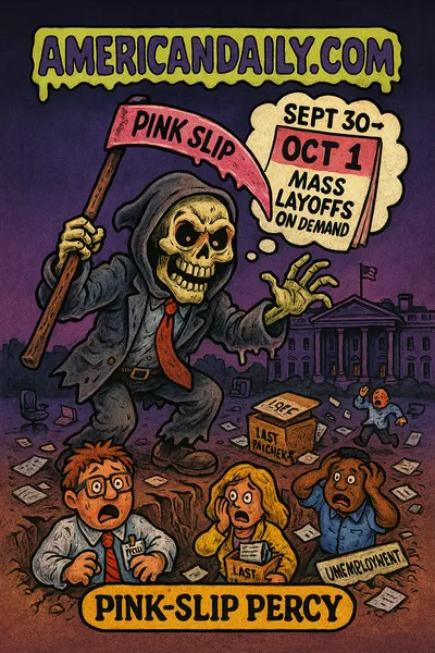 Cartoon of a grim "RIF Reaper" in a ragged suit wielding a pink scythe over fearful federal employees with badges, a dark White House in the background, thought bubble of a calendar flipping to October 1, slime and pink slip visuals, top banner "AMERICANDAILY.COM."