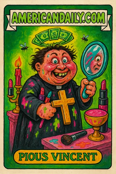 A grotesque caricature of e.l.f. Cosmetics co-founder Scott Vincent Borba as a priest, clutching a huge cross, with a halo of dollar bills and makeup-stained robe.