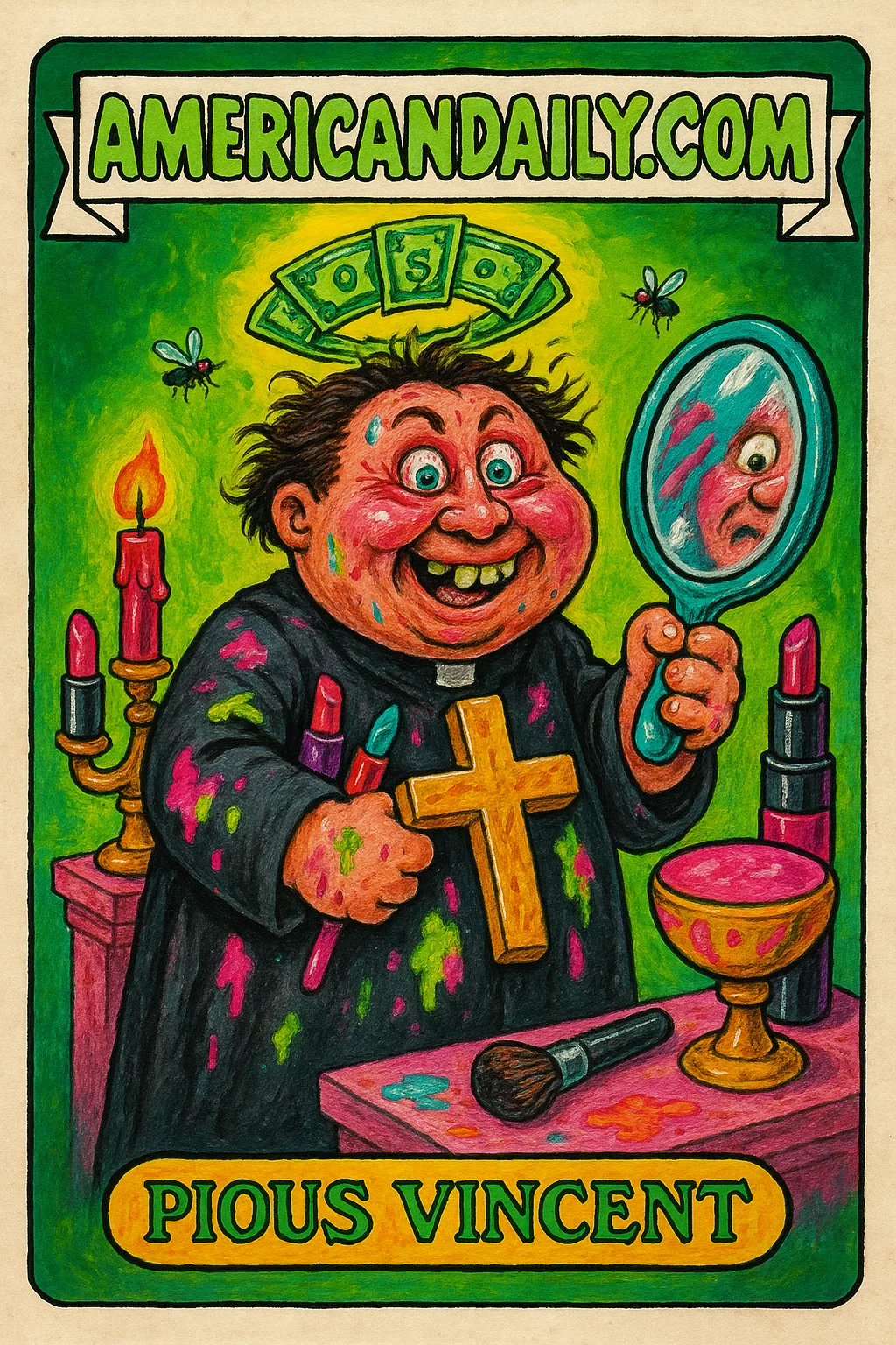 A grotesque caricature of e.l.f. Cosmetics co-founder Scott Vincent Borba as a priest, clutching a huge cross, with a halo of dollar bills and makeup-stained robe.