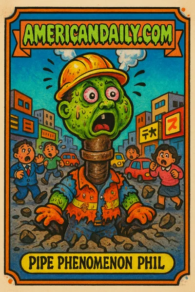 A grotesque character 'Pipe Phenomenon Phil' with a giant pipe neck burst through the ground, surrounded by chaos and cartoonish surprise.