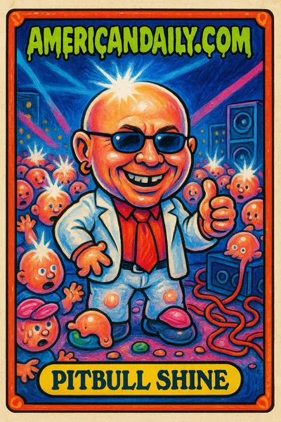 A grotesque caricature of Pitbull with a huge, shiny bald head, surrounded by fans in bald caps reflecting light, in a concert setting.