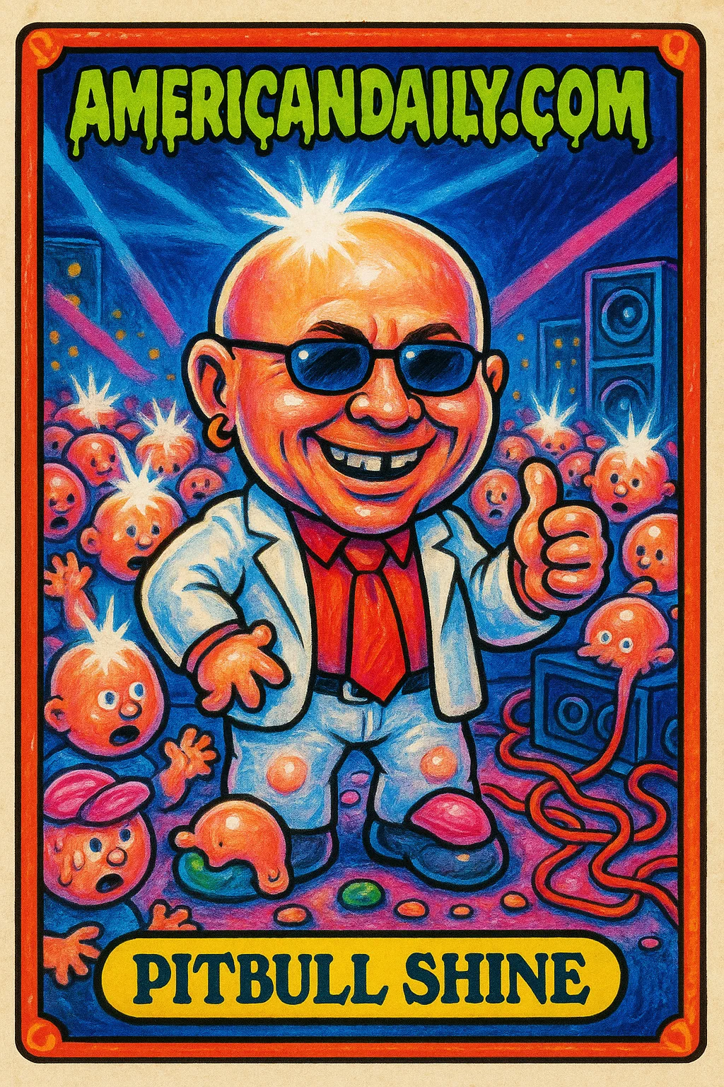 A grotesque caricature of Pitbull with a huge, shiny bald head, surrounded by fans in bald caps reflecting light, in a concert setting.