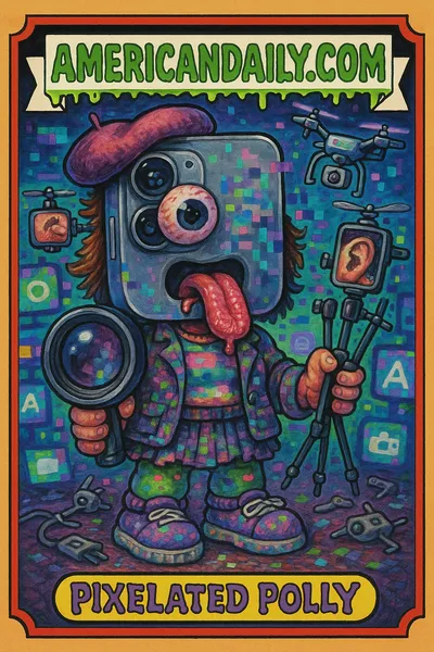 A Garbage Pail Kids style trading card featuring 'Pixelated Polly' with an iPhone head, representing satire of the iPhone 18 Pro's trivial upgrades.