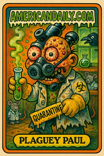 A grotesque trading card illustration titled 'Plaguey Paul', depicting a panicked scientist with a microscope-shaped head, bulging eyes, oozing sores, and a gas mask dangling from his face. He's holding a test tube of bubbling green slime and a slipping 'Quarantine' sign, set in a chaotic Siberian lab.