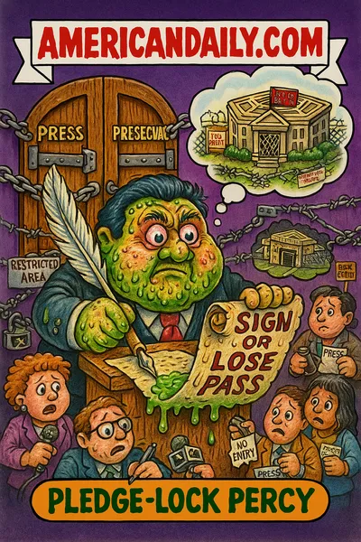 A satirical trading card mocking the Pentagon's new policy requiring journalists to sign a pledge forbidding them from publishing even unclassified information unless previously approved - with threat of losing credentials.