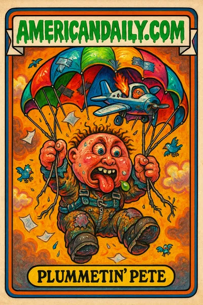 An exaggerated cartoon of a shocked paraglider mid-fall, with a plane crashing through the parachute. The character looks crazed and grotesque.