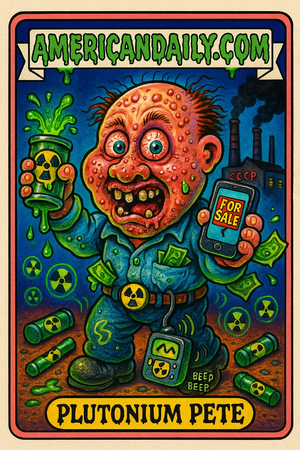 Grotesque character 'Plutonium Pete' sells plutonium with wild eyes, holding glowing canisters in front of a Russian factory backdrop.