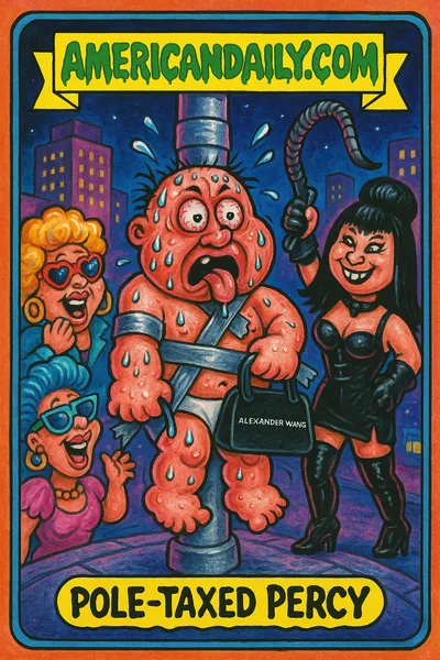 A grotesque and cartoonish 'Pole-Taxed Percy' taped to a street pole while holding an Alexander Wang bag, surrounded by flamboyant fashionists and a menacing dominatrix.