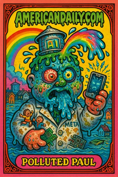 A parody trading card showing 'Polluted Paul', with a water tower head leaking toxic AI sludge, bulging eyes, and a foaming mouth, wading through flooded data.
