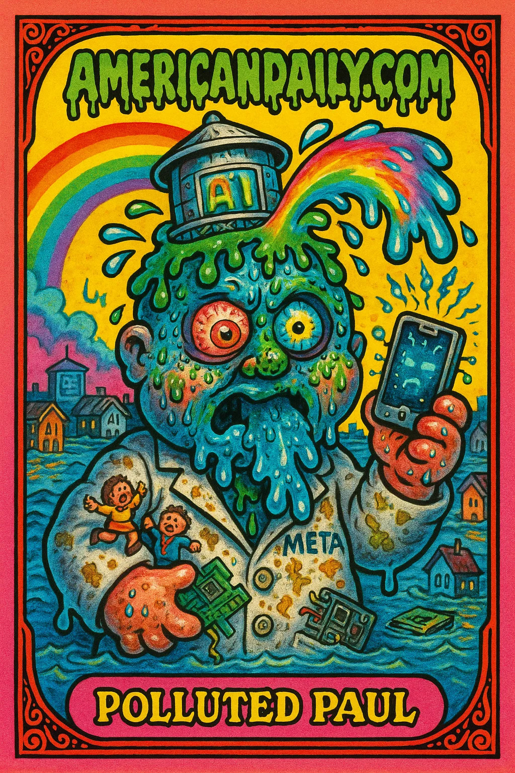 A parody trading card showing 'Polluted Paul', with a water tower head leaking toxic AI sludge, bulging eyes, and a foaming mouth, wading through flooded data.