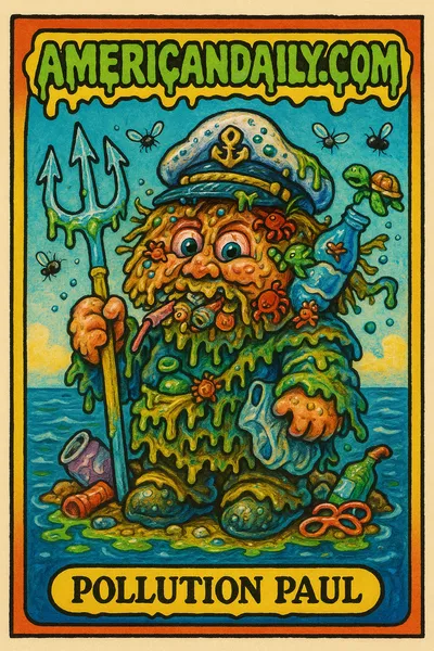 A grotesque character with a plastic trash head, covered in sea creatures, wearing a barnacle-covered hat, holding a trash trident, on floating garbage.