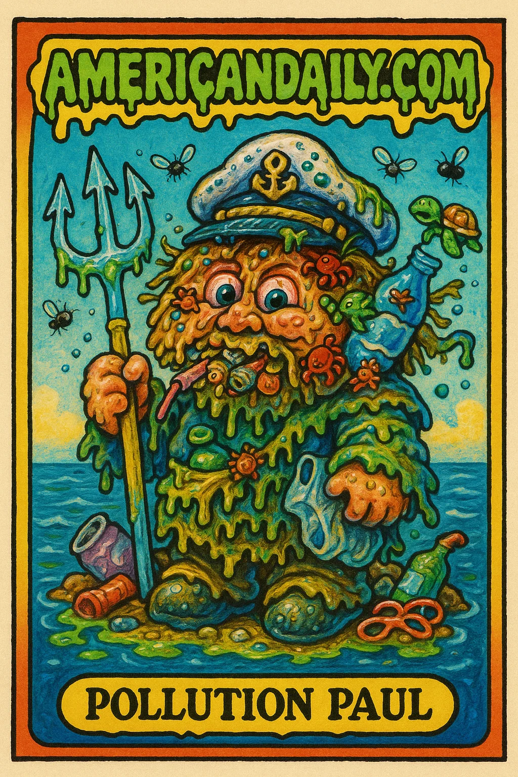 A grotesque character with a plastic trash head, covered in sea creatures, wearing a barnacle-covered hat, holding a trash trident, on floating garbage.