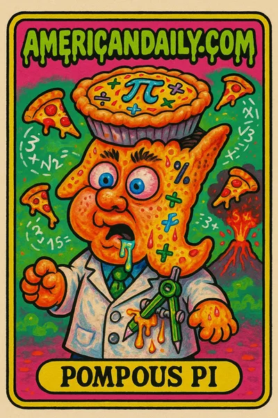 A trading card featuring Pompous Pi, a grotesque mascot with a giant pizza slice for a head amidst mathematical chaos.
