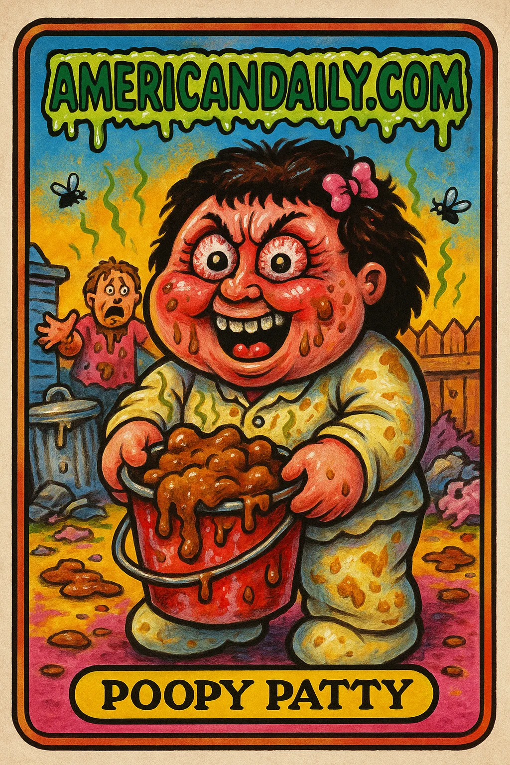 A trading card featuring Poopy Patty, a manic woman with wild hair and bulging eyes, holding a messy bucket while stink lines and flies surround her.