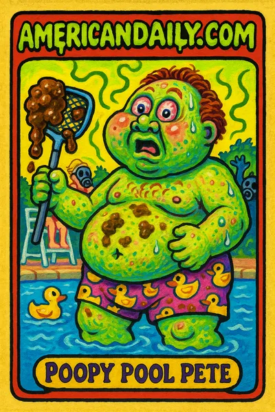 Garbage Pail Kids-style card of a smelly man in swim trunks, eyes bulging, holding a dirty pool skimmer, with horrified lifeguards in the background.