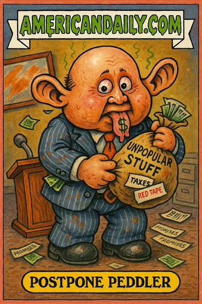 A grotesque politician with a deflated head, holding an 'UNPOPULAR STUFF' sack, in a messy office. The card reads 'Postpone Peddler'.