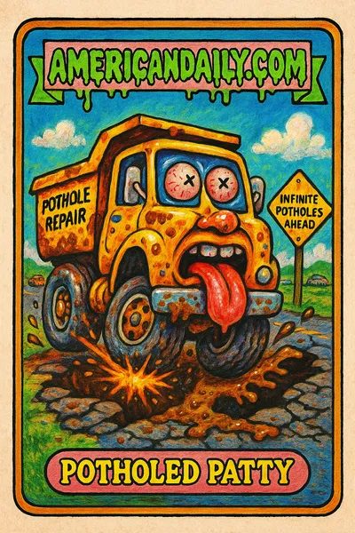A grotesque, anthropomorphized repair truck stuck in a huge pothole, with bulging eyes and a lolling tongue, muddy wheels spinning futilely.
