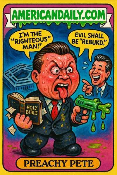 Satirical trading card of Pete Hegseth with a distorted head, stained suit, misquoted Pulp Fiction speech bubbles, and cartoonish Pentagon backdrop.