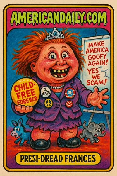 A cartoonishly exaggerated female president with wild hair, oversized head, comically small tiara, over-the-top expression and chaotic background imagery.