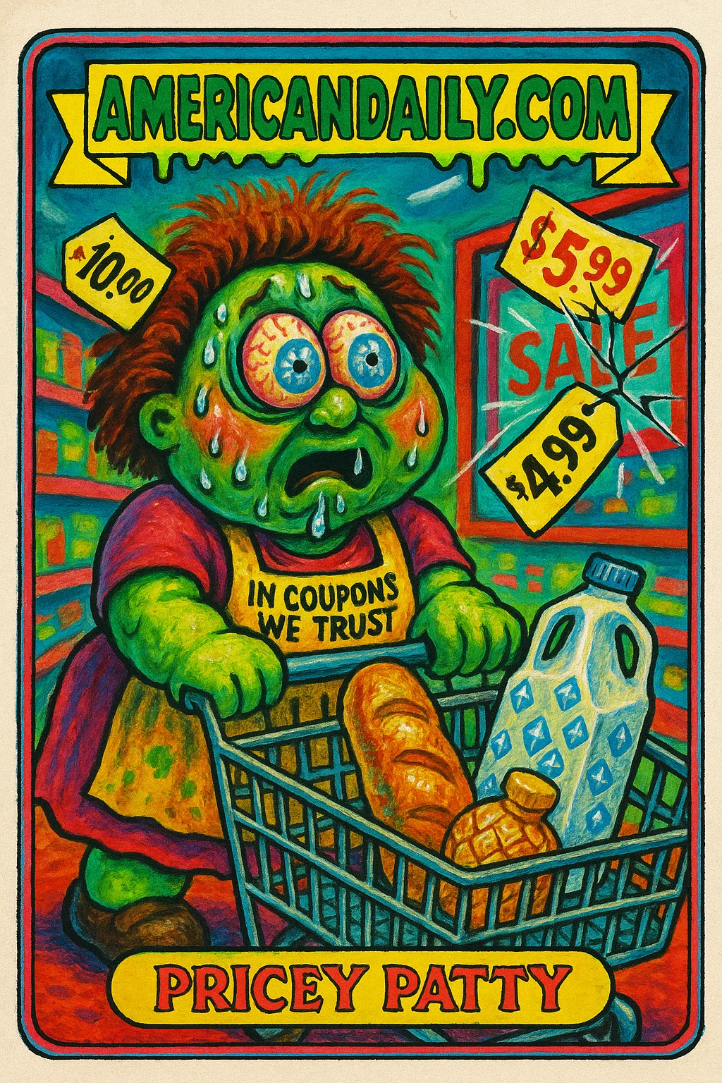 A grotesque character, Pricey Patty, in a chaotic grocery aisle overwhelmed by high prices, with exaggerated features, drooling and sweating in disbelief.