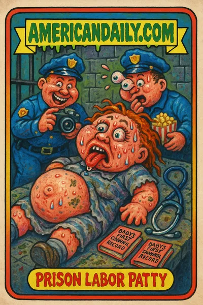 A grotesque cartoon of a pregnant woman giving birth on a prison floor, surrounded by gawking guards, in the style of Garbage Pail Kids.