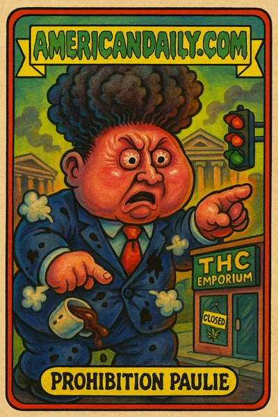 A grotesque illustration of 'Prohibition Paulie', a bureaucrat with vapor-like hair and oversized features shutting down a 'THC Emporium'.