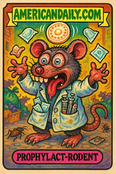 A grotesque rat character named 'Prophylact-Rodent' juggling condoms and syringes in an alley filled with trash.