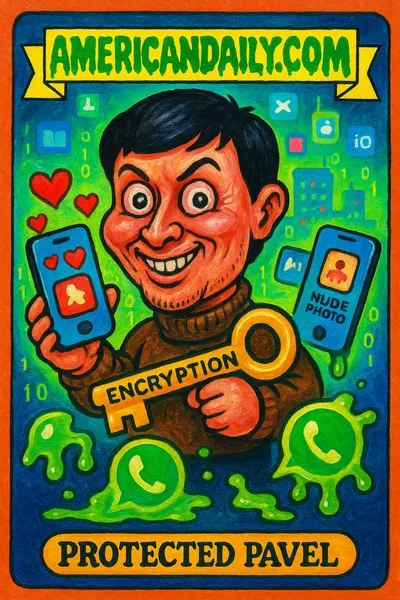 Trading card of a grotesquely exaggerated Pavel Durov with a giant encryption key amid melting apps, parodying tech privacy claims.
