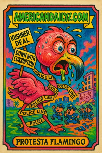 A grotesque flamingo with a human head, tangled in police tape, protesting with signs amidst a collapsing cityscape of luxury resorts.