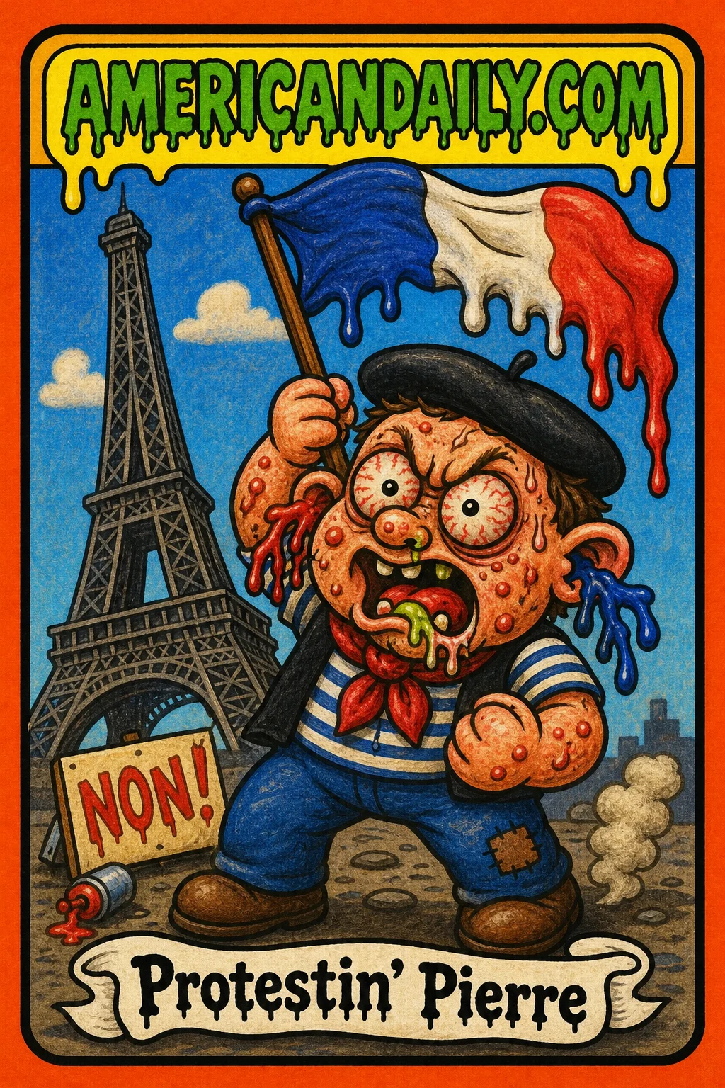 Cartoon character 'Protestin' Pierre' in French protest with melted flag and Eiffel Tower background.