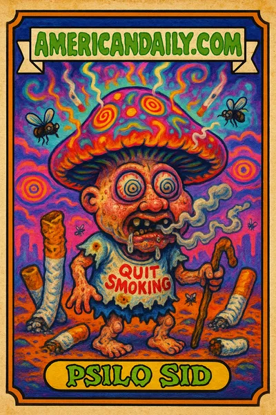 A satirical trading card featuring 'Psilo Sid', a man with a mushroom cap head and smoking cessation imagery.