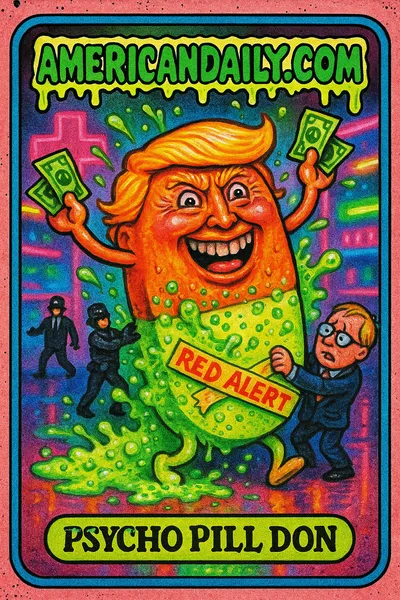 Satirical trading card featuring 'Psycho Pill Don' - a grotesque ecstasy pill caricature of Trump in a surreal pharmacy-disco scene.