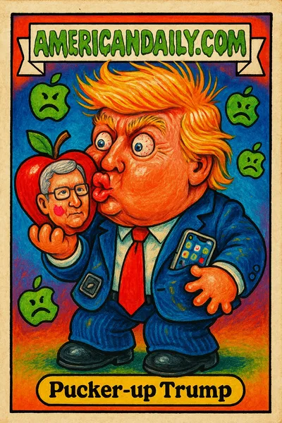 Grotesque, exaggerated illustration of Donald Trump holding a massive apple with Tim Cook's face, oversized puckered lips aiming at it.