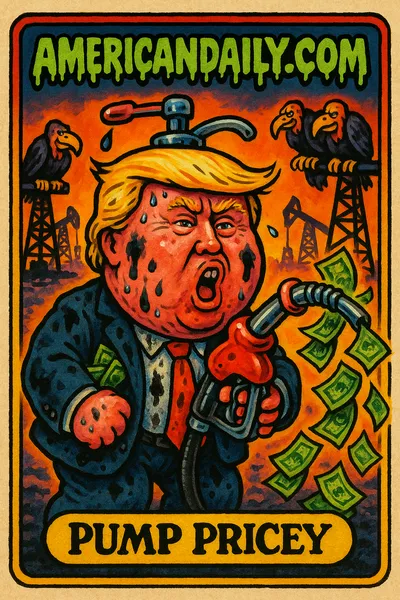 Grotesque caricature of Trump with oil barrel head, holding a gas nozzle pouring money, surrounded by oil rigs and CEO vultures.