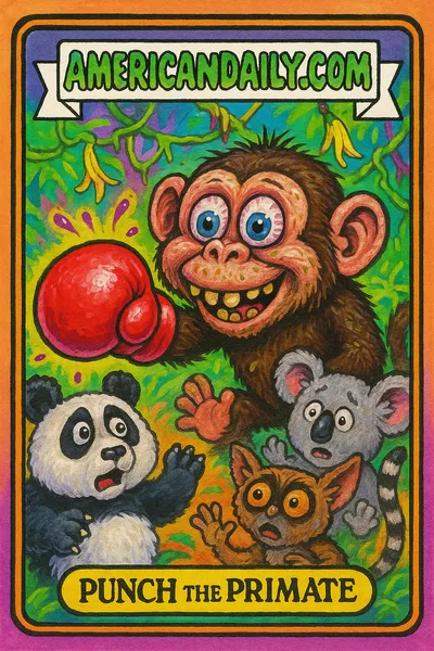 A trading card featuring an exaggerated monkey with a giant boxing glove in a jungle, surrounded by shocked cartoon animals.